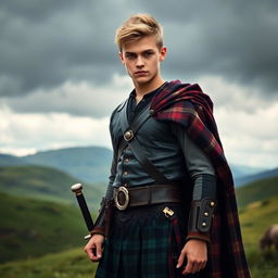 A beautiful young man with dark blond hair and striking green eyes, dressed as a Scottish warrior