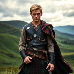 A beautiful young man with dark blond hair and striking green eyes, dressed as a Scottish warrior