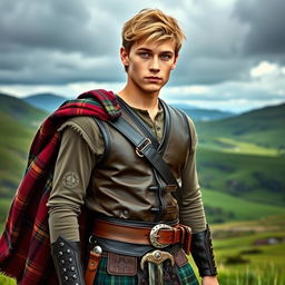 A beautiful young man with dark blond hair and striking green eyes, dressed as a Scottish warrior