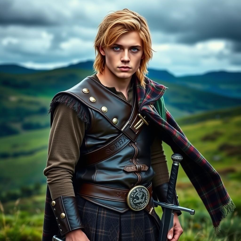A beautiful young man with dark blond hair and striking green eyes, dressed as a Scottish warrior