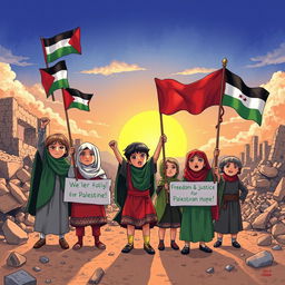 A vibrant illustration depicting children symbolizing courage, resilience, and hope amidst a backdrop of conflict