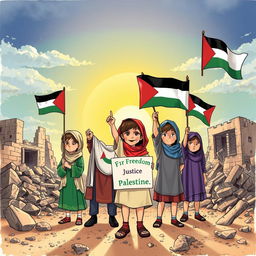 A vibrant illustration depicting children symbolizing courage, resilience, and hope amidst a backdrop of conflict