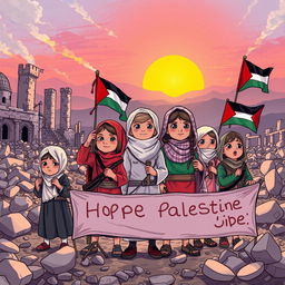 A vibrant illustration depicting children symbolizing courage, resilience, and hope amidst a backdrop of conflict