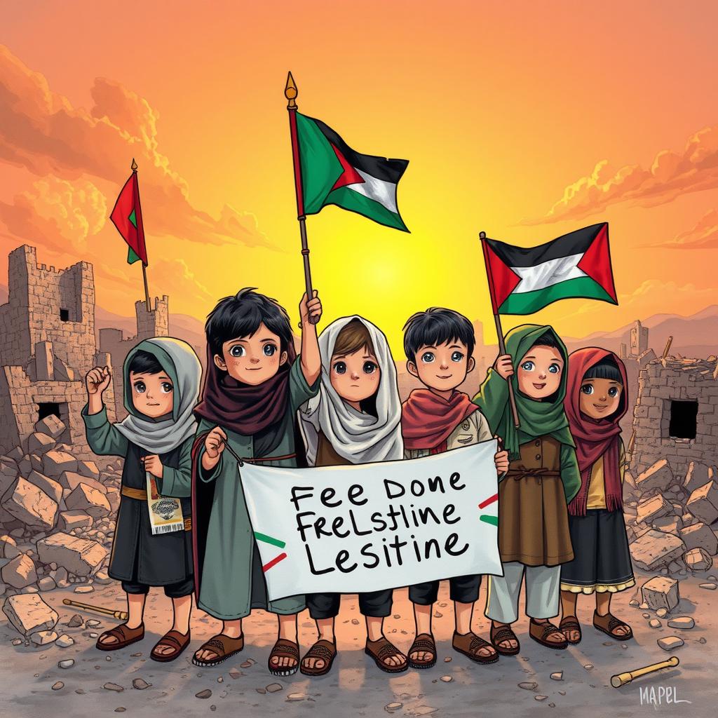A vibrant illustration depicting children symbolizing courage, resilience, and hope amidst a backdrop of conflict