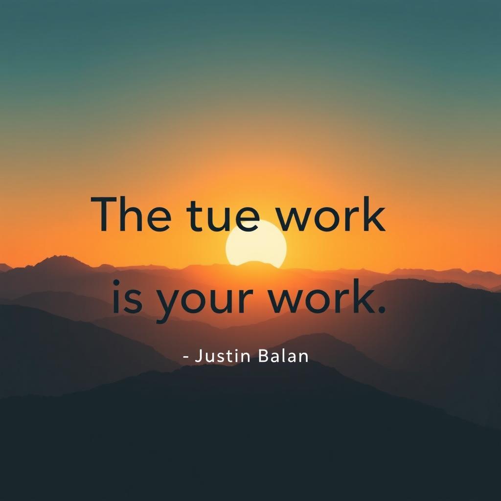 A motivational poster featuring the quote "The true work is your work" by Justin Balana