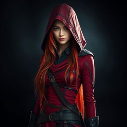 A young woman with long, reddish hair, clad in a form-fitting outfit inspired by Assassin's Creed, designed in vibrant shades of red and black