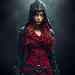 A young woman with long, reddish hair, clad in a form-fitting outfit inspired by Assassin's Creed, designed in vibrant shades of red and black