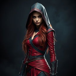 A young woman with long, reddish hair, clad in a form-fitting outfit inspired by Assassin's Creed, designed in vibrant shades of red and black