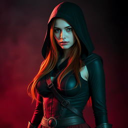A young woman with long, reddish hair, clad in a form-fitting outfit inspired by Assassin's Creed, designed in vibrant shades of red and black