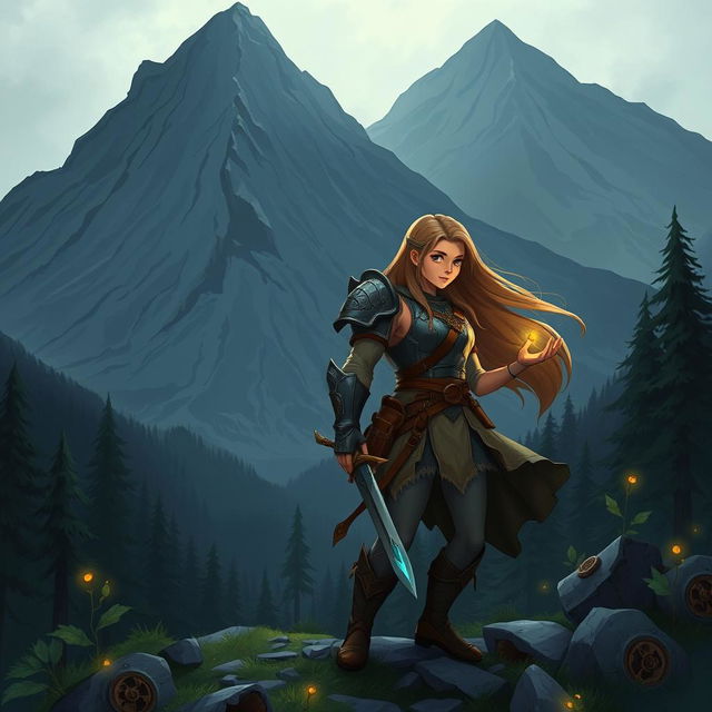 A fantasy illustration depicting Taurus, a brave warrior, standing alongside Aria, a young girl with long, flowing hair, in the heart of the Black Mountains