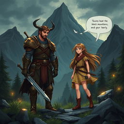 A fantasy illustration depicting Taurus, a brave warrior, standing alongside Aria, a young girl with long, flowing hair, in the heart of the Black Mountains