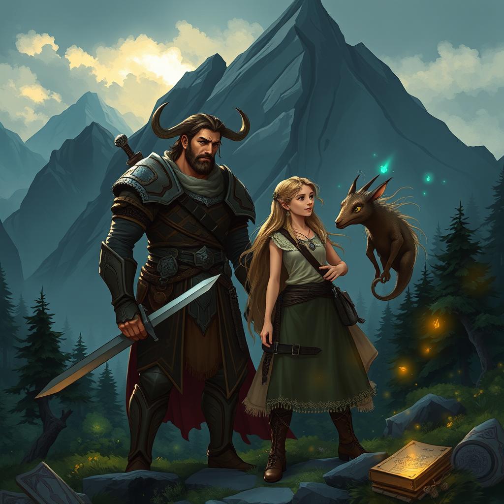 A fantasy illustration depicting Taurus, a brave warrior, standing alongside Aria, a young girl with long, flowing hair, in the heart of the Black Mountains