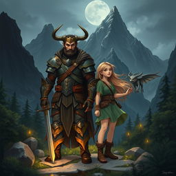 A fantasy illustration depicting Taurus, a brave warrior, standing alongside Aria, a young girl with long, flowing hair, in the heart of the Black Mountains