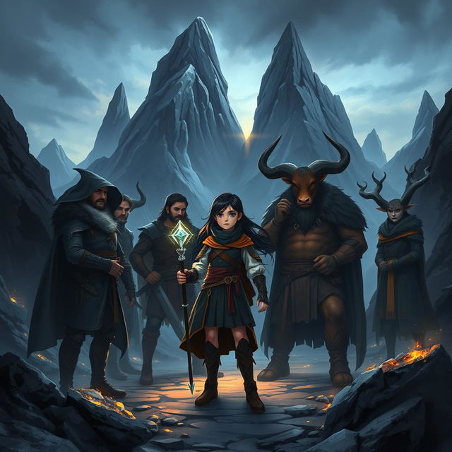 In a dark, mysterious landscape dominated by towering, jagged peaks of the Black Mountains, a young girl named Aria stands confidently, surrounded by a group of fierce humans known as the 'Shadows'