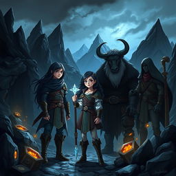In a dark, mysterious landscape dominated by towering, jagged peaks of the Black Mountains, a young girl named Aria stands confidently, surrounded by a group of fierce humans known as the 'Shadows'
