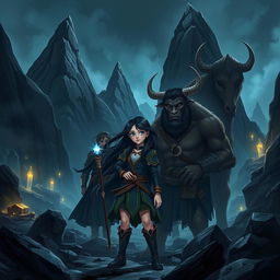 In a dark, mysterious landscape dominated by towering, jagged peaks of the Black Mountains, a young girl named Aria stands confidently, surrounded by a group of fierce humans known as the 'Shadows'