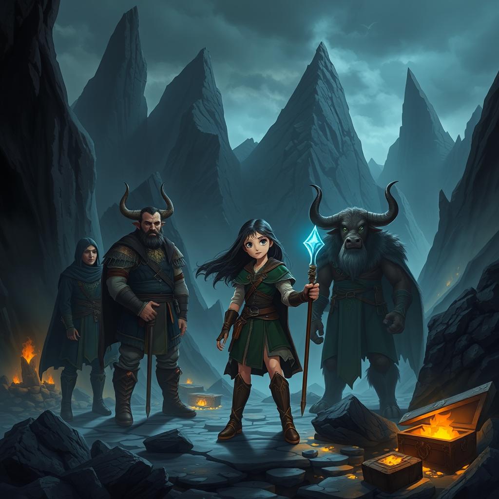 In a dark, mysterious landscape dominated by towering, jagged peaks of the Black Mountains, a young girl named Aria stands confidently, surrounded by a group of fierce humans known as the 'Shadows'