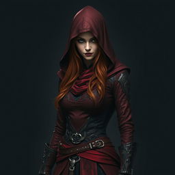 A mysterious woman with long, reddish hair, wearing a form-fitting Assassin's Creed style outfit
