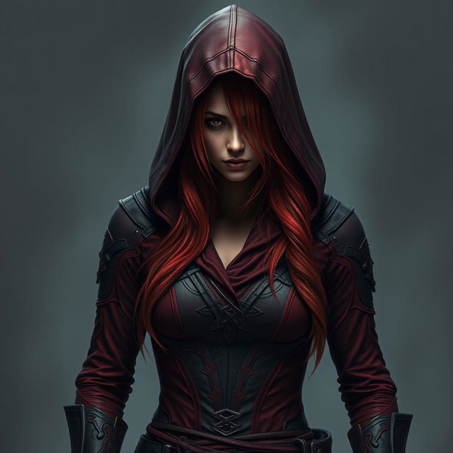 A mysterious woman with long, reddish hair, wearing a form-fitting Assassin's Creed style outfit