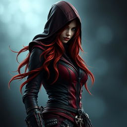 A mysterious woman with long, reddish hair, wearing a form-fitting Assassin's Creed style outfit