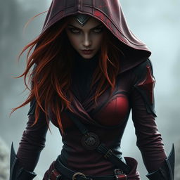 A mysterious woman with long, reddish hair, wearing a form-fitting Assassin's Creed style outfit