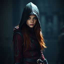 A young woman with long, reddish hair wearing a fitted Assassin's Creed style outfit in shades of red and black, featuring a hood that obscures her face