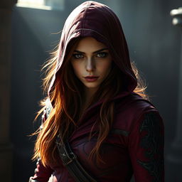 A young woman with long, reddish hair wearing a fitted Assassin's Creed style outfit in shades of red and black, featuring a hood that obscures her face