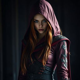 A young woman with long, reddish hair wearing a fitted Assassin's Creed style outfit in shades of red and black, featuring a hood that obscures her face