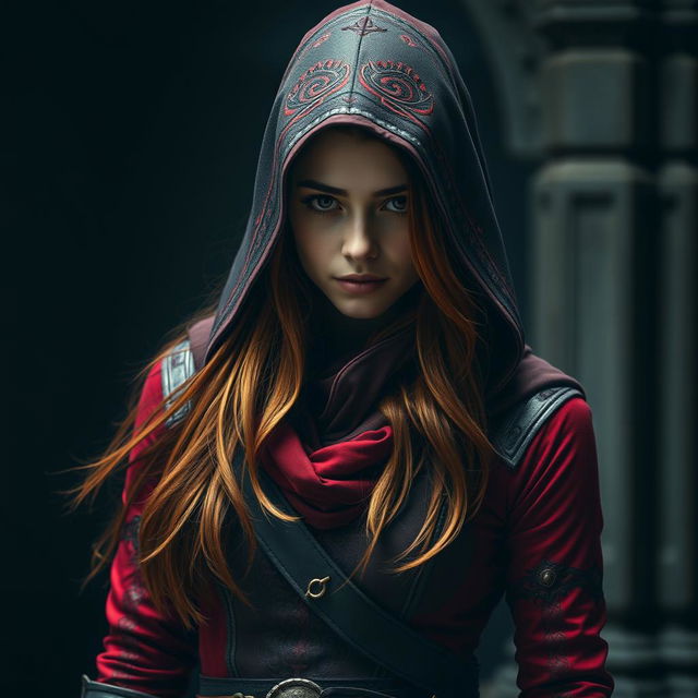 A young woman with long, reddish hair wearing a fitted Assassin's Creed style outfit in shades of red and black, featuring a hood that obscures her face