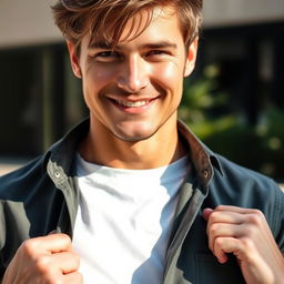 A close-up portrait of a confident, attractive person, casually opening a stylish button-up shirt, revealing a hint of an undershirt underneath