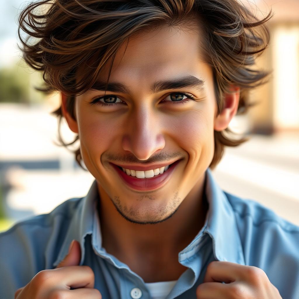 A close-up portrait of a confident, attractive person, casually opening a stylish button-up shirt, revealing a hint of an undershirt underneath