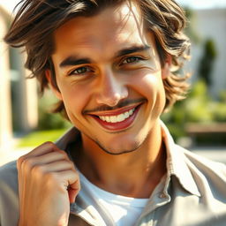A close-up portrait of a confident, attractive person, casually opening a stylish button-up shirt, revealing a hint of an undershirt underneath