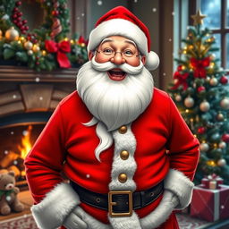 A whimsical scene featuring Santa Claus with a joyful expression, his classic red suit and white beard, while incorporating a face resembling the user's