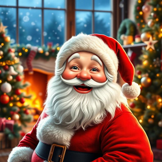 A whimsical scene featuring Santa Claus with a joyful expression, his classic red suit and white beard, while incorporating a face resembling the user's