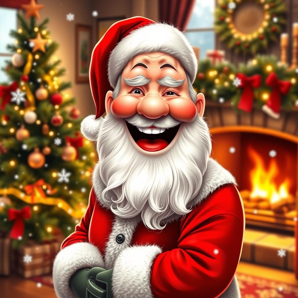 A whimsical scene featuring Santa Claus with a joyful expression, his classic red suit and white beard, while incorporating a face resembling the user's