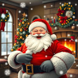 A whimsical scene featuring Santa Claus with a joyful expression, his classic red suit and white beard, while incorporating a face resembling the user's