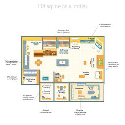 A detailed layout design of a housekeeping training center with a total area of 114 square meters