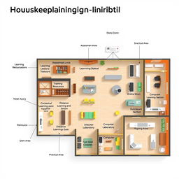 A detailed layout design of a housekeeping training center with a total area of 114 square meters