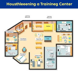 A detailed layout design of a housekeeping training center with a total area of 114 square meters