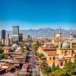 A panoramic view of Tehran, the capital of Iran, showcasing a vibrant urban landscape with towering skyscrapers, historic architecture, and the majestic Alborz mountains in the background