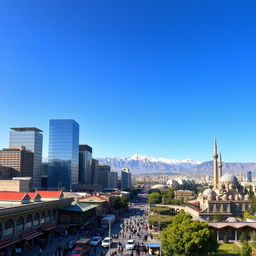 A panoramic view of Tehran, the capital of Iran, showcasing a vibrant urban landscape with towering skyscrapers, historic architecture, and the majestic Alborz mountains in the background