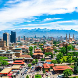 A panoramic view of Tehran, the capital of Iran, showcasing a vibrant urban landscape with towering skyscrapers, historic architecture, and the majestic Alborz mountains in the background