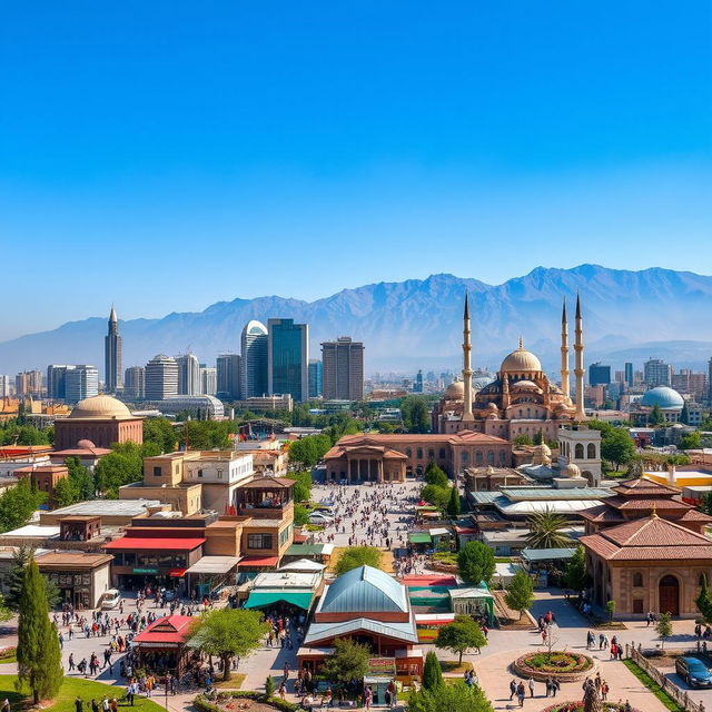 A panoramic view of Tehran, the capital of Iran, showcasing a vibrant urban landscape with towering skyscrapers, historic architecture, and the majestic Alborz mountains in the background