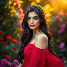 A stunning portrait of a dark-haired woman named Georgina, exuding confidence and elegance