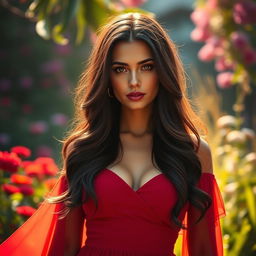 A stunning portrait of a dark-haired woman named Georgina, exuding confidence and elegance