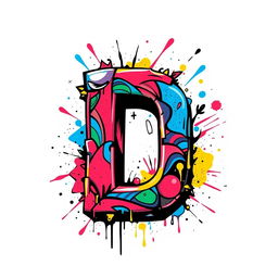 A vibrant and colorful graphic design of a stylized letter 'D', featuring intricate patterns and a dynamic layout