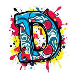 A vibrant and colorful graphic design of a stylized letter 'D', featuring intricate patterns and a dynamic layout