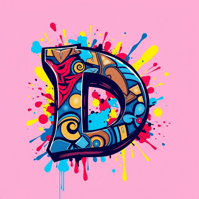 A vibrant and colorful graphic design of a stylized letter 'D', featuring intricate patterns and a dynamic layout