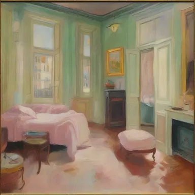 The painting evokes a Proustian atmosphere with its dreamlike colors and delicate brushstrokes.