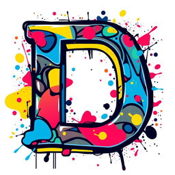 A vibrant and colorful graphic design of a stylized letter 'D', featuring intricate patterns and a dynamic layout